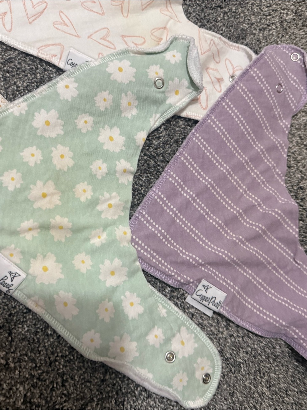 Cozy Paul Baby Bandana Bib Trio - Mint Floral, Lavender Stripe & Cream Heart